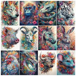 Stitch de 12 kinesiska zodiakerna diamantmålningssats 5d diy full borrfantasi färgglada blommor djurpussel broderi konst heminredning