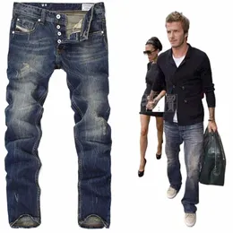 Retro Trendy Herren Blue Jeans Distred Frayed Straight LG Hosen Männliche Casual Bequeme Cott Ripped Regular Denim Hosen W1OA #