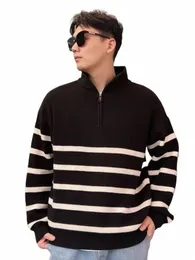 2023 New Winter Half-Zip Sweaters Men Korean Fi Lg Sleeve Striped Loose Pullovers Heavyweight Thick Warm Knit Tops Sweter U4tz#