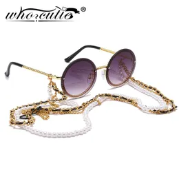 Vintage okrągłe okulary przeciwsłoneczne Kobiety z Pearl Chain Akcesorium Luksusowe marka Retro Gold Frame Słońce Słońce Female Shades3736084