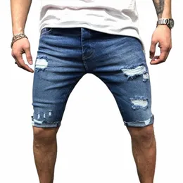 NOWOŚĆ Summer Hole Denim Shorts Męskie szorty dżinsowe Hip-Hop Slim Shorts Blue Blue S-3xl 45po#