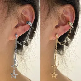 Ear Cuff Ear Cuff Vintage pingente de metal brincos com clipe de brinco de corrente longa adequado para mulheres prata ouro estrela e lua brincos jóias Y240326