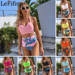 Kvinnors badkläder mode Summer Europe och America Street Style Sexig fritid delad kropp hög midja solid tryckta blad bikini kostymer