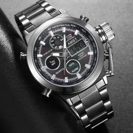 ケースAMSTミリタリーウォッチステンレススチールストラップLED時計メンズトップブランドクォーツウォッチreloj hombre relogio masculino