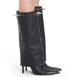 Punk-Stil, schwarz, mattes Leder, lange Spike-Nieten, spitze Zehen, kniehohe Hosen, Stiefel, Damen, Röhren-Slip-On, Falten, dünne Absätze, lange Stiefel