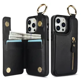 Capa carteira de couro com zíper de lichia, capa de telefone com suporte de anel resistente, funda de suporte, para iPhone 15 Pro Max 14 13 12 11 XR X 8