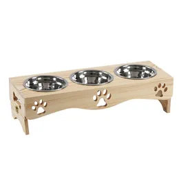 Dog Bowls Feeders Feeding 3 Stainless Steel Bowl With Wooden Base Pet Supplies Cat Drop Delivery Home Garden Ot6Cv