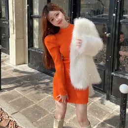 SEX DRESS Korean Edition Bubble Sleeves Half High Neck Knitted Dress Autumn/Winter Wrap Hip Tight Matching Coat 525197