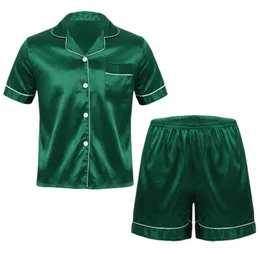 mens Silky Satin Pajamas Set Loungewear Notch Collar Short Sleeves Butt Down Shirt Top with Boxer Shorts Sleepwear Loungewear 93fJ#