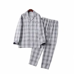 Primavera Outono Homens Casuais Xadrez Pijama Define Masculino 100% Cott Pijamas Terno Homens LG Manga Turn-down Collar Camisa Calças E2mG #