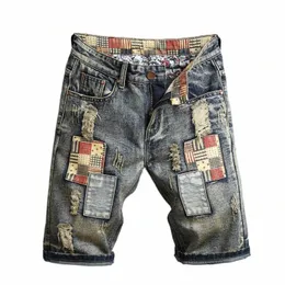 hiphop all-match denim shorts jeans mäns sommar fi lösa raka hål tiggar shorts byxor mönster förstörda patch t88y#