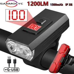 Cykelljus T6 LED 1200 Lumen USB -uppladdningsbar Lantern Lamp Road Bike Front Light Cycling Ficklight Bike Accessories 240322