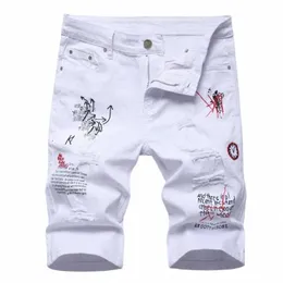 men Summer White Ripped Denim Shorts Male Holes Short Jeans New Fi Streetwear Stretch Jeans Shorts Pants Srtaight Fit Jeans w4cJ#