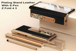 Mobiltelefonfodral med S Pen Plating Leather Case för Samsung Galaxy Z Fold 4 3 5G Magnetic Kickstand Carbon Fibe Screen Protector 7454645
