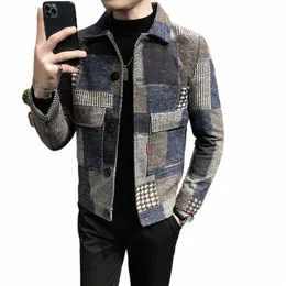 new Hombre Korean Casual Men Stitching Jacket Slim Jacket Fi Warm Lg-sleeved Plaid Gentleman Pockets Coat Jacket S-3XL R7zV#