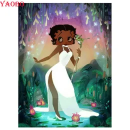 Stitch Full Square Round Diamond Målning African Girl 5D Cross Stitch Diamond Embroidery Cartoon Girl Diamond Mosaic Wall Sticker