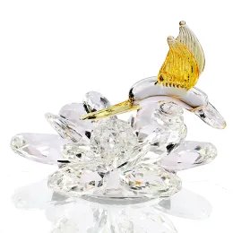 Esculturas arte vidro cristal beija-flor com flor de lótus estatueta mão soprada estátua lembrança arco-íris fabricante escritório desktop peça central