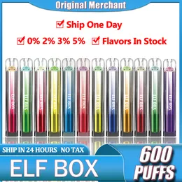 Elf Box 600 Puffs Одноразовые сигареты Vapes Pen Puff 600 Электронные сигареты 2 мл 450 мАч Pod Mesh Coil Перезаряжаемый Воздушно-регулируемый 0% 2% 3% 5% Устройство модный кристалл