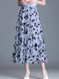 Юбки, сетчатая юбка с цветочным принтом для женщин, осень-зима 2024, кружевная флокированная модная большая распашная эластичная юбка с высокой талией, элегантная женская вечерние трапециевидной формы