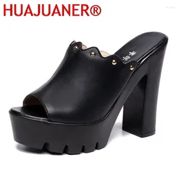 Slippers HUAJUANER Toe Plus Size 32-43 Block Heels Platform Shoes Woman Summer Super High Leather Slides Women