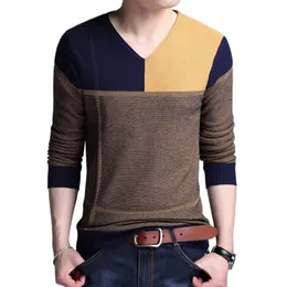 Autumn Winter New Men's V-hals tröja färgblockskruvtråd avslappnad koreansk enkel pullover stickad lapptäcke lg hylsa topp f8uq#