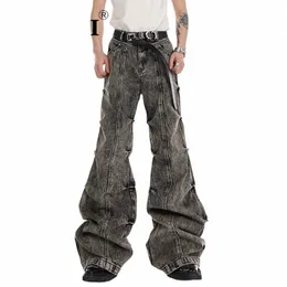 Noymei Male Y2K Wide Leg Jean Pleated Vintage Fi Men's Micro Fleared Denim Pants High Street Byxor Stack Design WA3351 96QV#