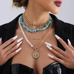 Naszyjniki wisiorek boho warstwowy turkusowy naszyjnik perłowy z koraliki klip z metalowym łańcuchem biżuterii Choker dla kobiet dziewczęta