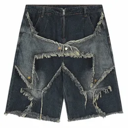 Haruku vintage functial bordado star padrão jeans de jeans masculino de grande porte bermuda shorts casuais calças college y2k a5f5#