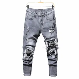 Mężczyźni haft dżinsy mężczyźni Mężczyzny Cabel Elastry Raped Chude Dżinsy Wysokiej jakości Hip Hop Czarna dziura Slim Fit Oversize Denim Spods C07i#