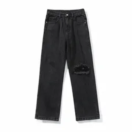 Jeans Herren Frühling und Sommer Vintage High Street Hosen Schwarz Kurz geschnittene Hosen Slim Fit, gebrochenes Loch Kleine gerade Freizeithosen f9jF #