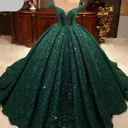 Blackish Green Sequined Quinceanera Dress Off Shoulder Shiny Beads Ball Gown Sweet 16 Year Princess Dresses For 15 Years Vestidos