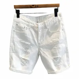 Sommer Herren FI White Hole Wing Denim Shorts Freizeit Scraped Beggar Gerade kurze Hosen Q65i #