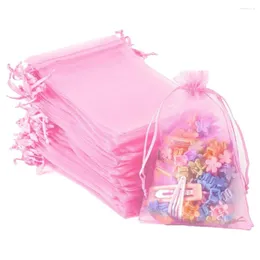 Smyckespåsar 50st Pink Organza Drawstring Bag Pouch för Festival Gift Small Business Packaging Soap Wedding Valentine's Day