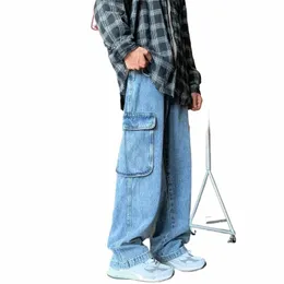 Amerikansk stil jeans män löst passande high street trendiga drapera Fible ons raka benbyxor mångsidiga arbetskläder byxor a4ru#