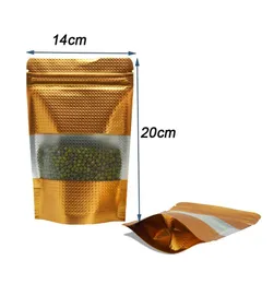 14 x 20 cm Doypack Goldgeprägter Zip-Lock-Beutel, 50 Stück, Stand-up-Aluminiumfolie, Reißverschluss-Verpackungsbeutel mit mattem, durchsichtigem Kunststofffenster3200133