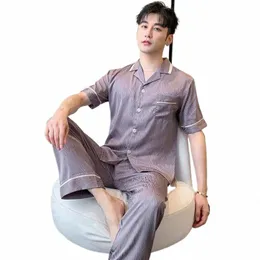 Lapela Manga Curta Masculino Pijama Terno Casa Roupas Homens 2 Pcs Ray Shirtpants Pijamas Lingerie Pijamas Nightwear Loungewear D3aK #