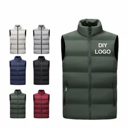 Gilet manica lunga da uomo Colletto alla coreana Giacca addensata Giù Cappotto invernale antivento Stampa personalizzata Marchio Aziendale Logo fai da te Gilet caldo o8LW #