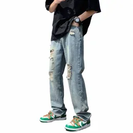 Mens fi Raw Edge ممزق الجينز Hip-Hop Tide Brf BF All-Match Loose Wide Wide Leg Geans Streetwear Disual Men Pants Z6HD#