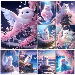 Stitch Diy Diamond Painting Sea White Cat Pink Wing Cherry Blossom 5D Diamond Embroidery Mosaic Rhinestone Animal Flower Picture S761