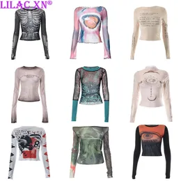 Y2K Sexy Spitze Mesh Durchsichtig T-Shirts Goth Grafik Druck Lange Ärmel Stricken Patchwork Tops Vintage Frauen Sommer Streetwear 240325