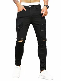 FI Men's Street Ripped Jeans Pure Black Stretch Tight Small Foot Pencil Pants Boyfriend Club Clothing Denim Ropa Hombre 24pw#