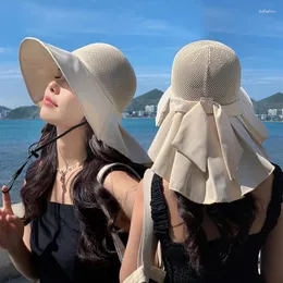 Breda randen hattar sommar för kvinnor solhatt med sjal andningsbar mesh hink cap rese strand kvinnlig nackskydd solskyddsmedel