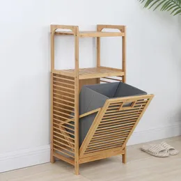 Laundry Bags Bathroom Bamboo Hamper Cabinet Tilt Out Basket Storage With 2-Tier Clothes Shelf