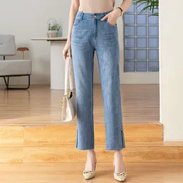 Gerade Beinjeans für Frauen mit einem 9-Zoll-losen Fit 2023 Sommer Slim Taille-Rauchpfeife Große blaue Farbe Hoch 9-Zoll-Hosen Trend