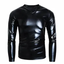 ارتداء الرجال PVC فو أعلى S-7XL بالإضافة إلى الحجم LG Sleeve T-Shirt V-neck بلوزة لامعة الضيقة الضيقة براءة اختراع معطف الجلود Z47Z#