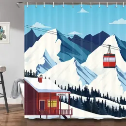Stickning vinterskidåkning duschgardinuppsättning, modern skidstation snöberg tall tallskogbad gardiner, blå jul badrumsdekor