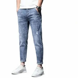 Högkvalitativ märke Summer Stretch Cott Hole Men's Ankle Length Jeans Thin Streetwear Design Denim Pants Korea Casual Byxor U4BA#