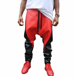 27-46 Novo 2024 Clohting masculino Fi Hiphop Color Block Strap Casual Harem Pants Calças de couro Plus Size Trajes 20Yb #