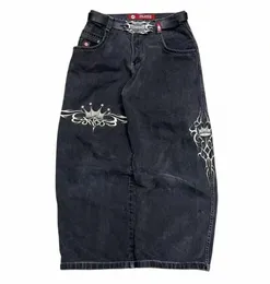 Джинсы jnco Новые мужские Harajuku Ретро Хип-хоп Череп Вышивка Мешковатые джинсы Джинсовые брюки 90-х годов Уличная готика Широкие брюки Уличная одежда C86B #