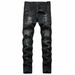 Svarta byxor Regular Versi Hole Large Size Persality Trendy Pants European och American Jeans Denim Men's New Elastic S7EK#